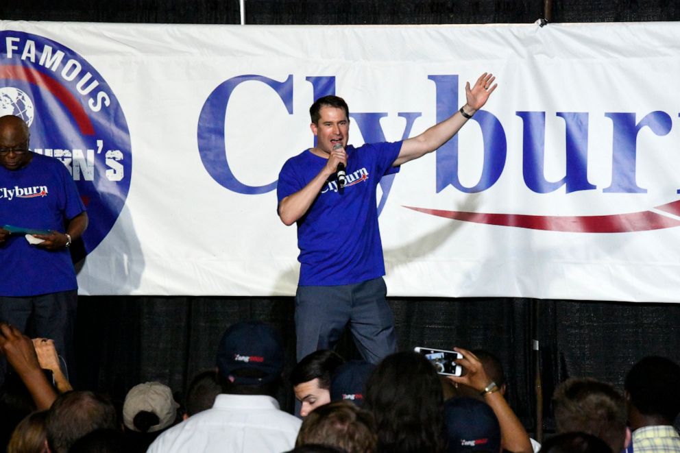 PHOTO: Massachusetts Rep. Seth Moulton addresses the crowd at House Majority Whip Jim Cyburn's "World Famous Fish Fry," June 21, 2019, in Columbia, S.C.