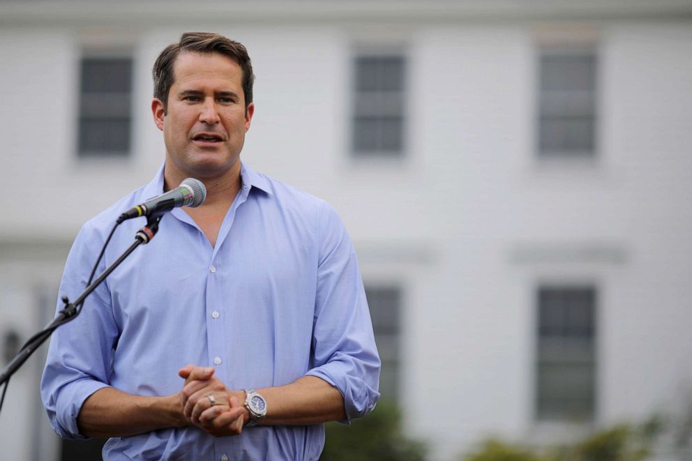 PHOTO: Congressman Seth Moulton speaks at a Merrimack County Democrats Summer Social at the Swett home in Bow, New Hampshire, July 28, 2018.