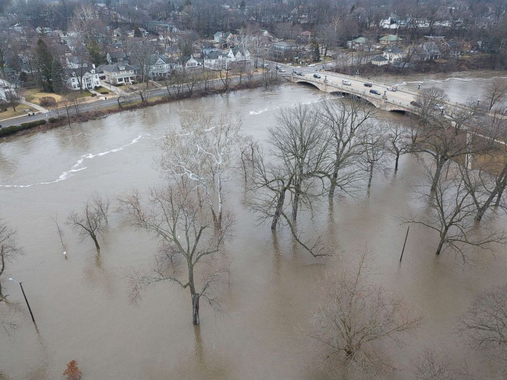 PHOTO: In this drone image, the St. Joseph River has overflowed its banks and has flooded Leeper Park, Feb. 21, 2018, in South Bend, Ind. 