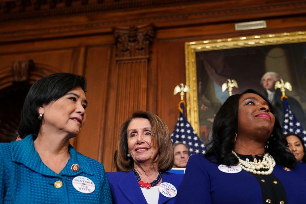 PHOTO: Speaker of the House Nancy Pelosi (D-CA) stands with Rep. Judy Chu (D-CA) and Rep. Terri Sewell (D-AL) as lawmakers speak about the Voting Rights Enhancement Act, H.R. 4, on Capitol Hill, Feb. 26, 2019.