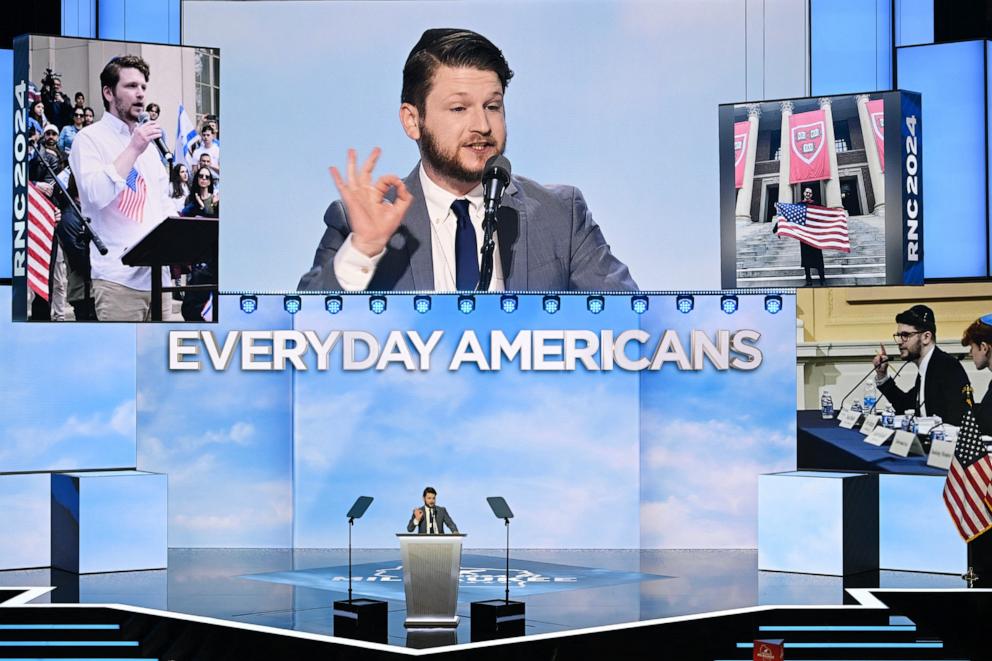 PHOTO: Harvard University student Shabbos Kestenbaum speaks during the third day of the 2024 Republican National Convention in Milwaukee, Wis., on July 17, 2024.