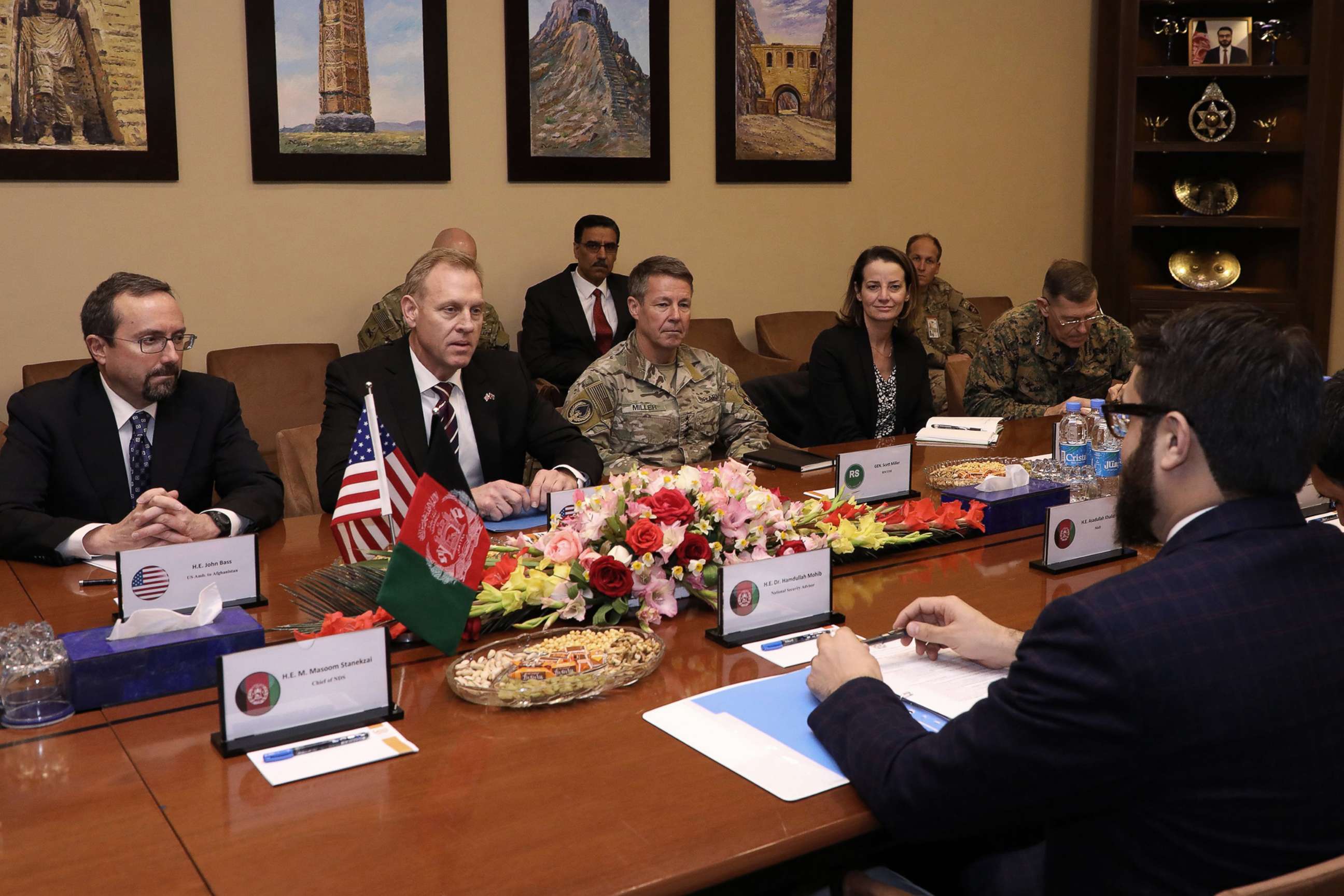 PHOTO: From left,  U.S. Ambassador to Afghanistan John Bass, acting Defense Secretary Patrick Shanahan, and General Scott Miller, center right, meet with Afghan National Security Adviser Hamdullah Mohib, right, in Kabul, Afghanistan, Feb. 11, 2019.