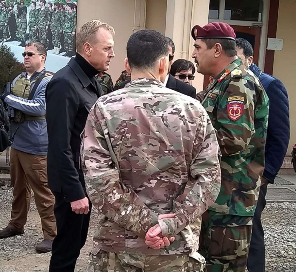 PHOTO: Acting Defense Secretary Patrick Shanahan, front left, speaks with Afghan general Besmellah Waziri, right, commander of the Afghan National Army Special Operations Command (ANASOC), at Camp Commando, near Kabul, Feb. 11, 2019.