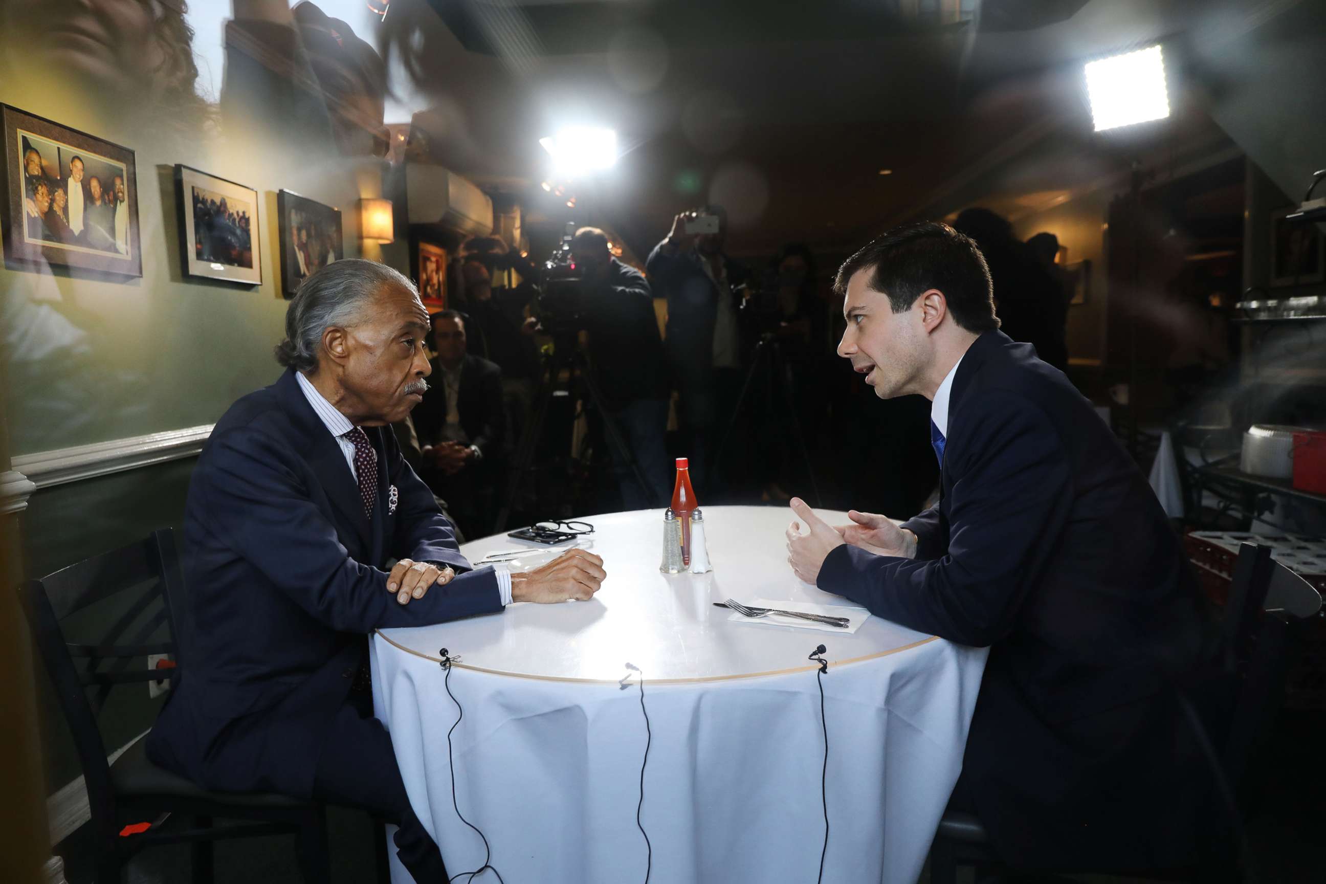 PHOTO: Democratic presidential candidate and South Bend, Indiana, Mayor Pete Buttigieg meets with Reverend Al Sharpton for lunch at famed Sylvia's Restaurant in Harlem, April 29, 2019 in New York City.