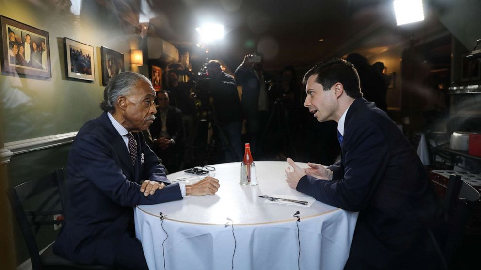 PHOTO: Democratic presidential candidate and South Bend, Indiana, Mayor Pete Buttigieg meets with Reverend Al Sharpton for lunch at famed Sylvia's Restaurant in Harlem, April 29, 2019 in New York City.
