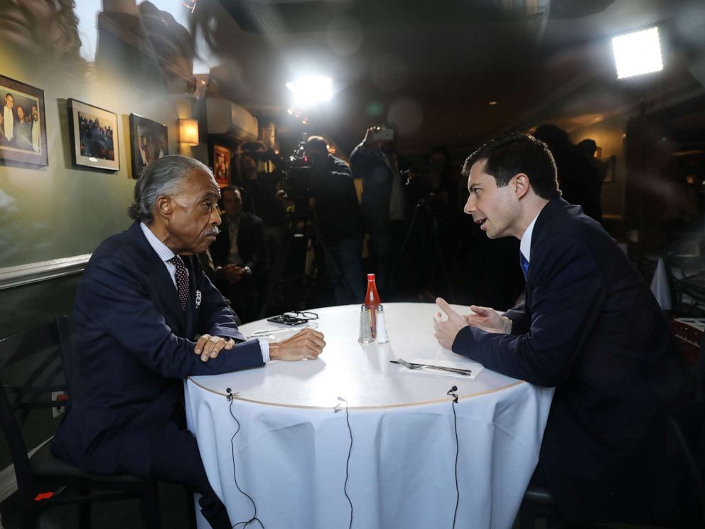 PHOTO: Democratic presidential candidate and South Bend, Indiana, Mayor Pete Buttigieg meets with Reverend Al Sharpton for lunch at famed Sylvias Restaurant in Harlem, April 29, 2019 in New York City.