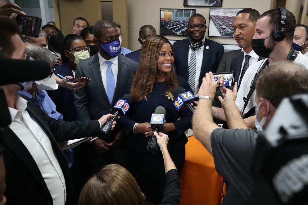PHOTO: In this Nov. 21, 2021, file photo, Sheila Cherfilus-McCormick speaks with the media after being declared the winner of the South Florida 20th Congressional District by the Broward elections Canvassing Board in Lauderhill, Fla.