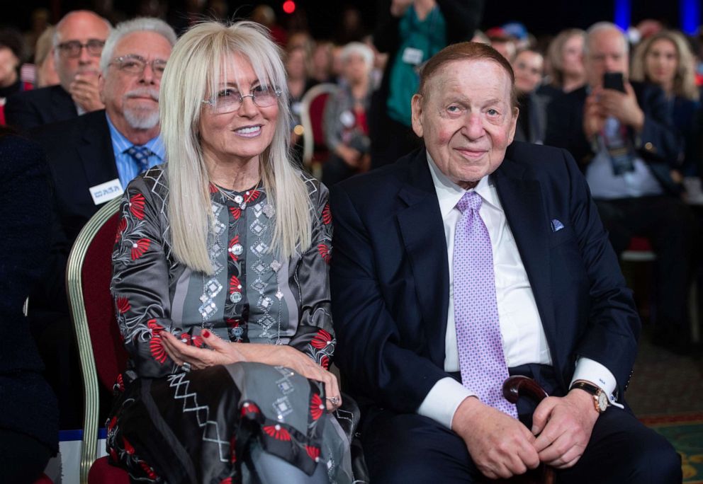 PHOTO: Las Vegas Sands Corp. Chairman and CEO Sheldon Adelson and his wife Miriam arrive prior to a speech by US President Donald Trump during the Republican Jewish Coalition 2019 Annual Leadership Meeting in Las Vegas, April 6, 2019.