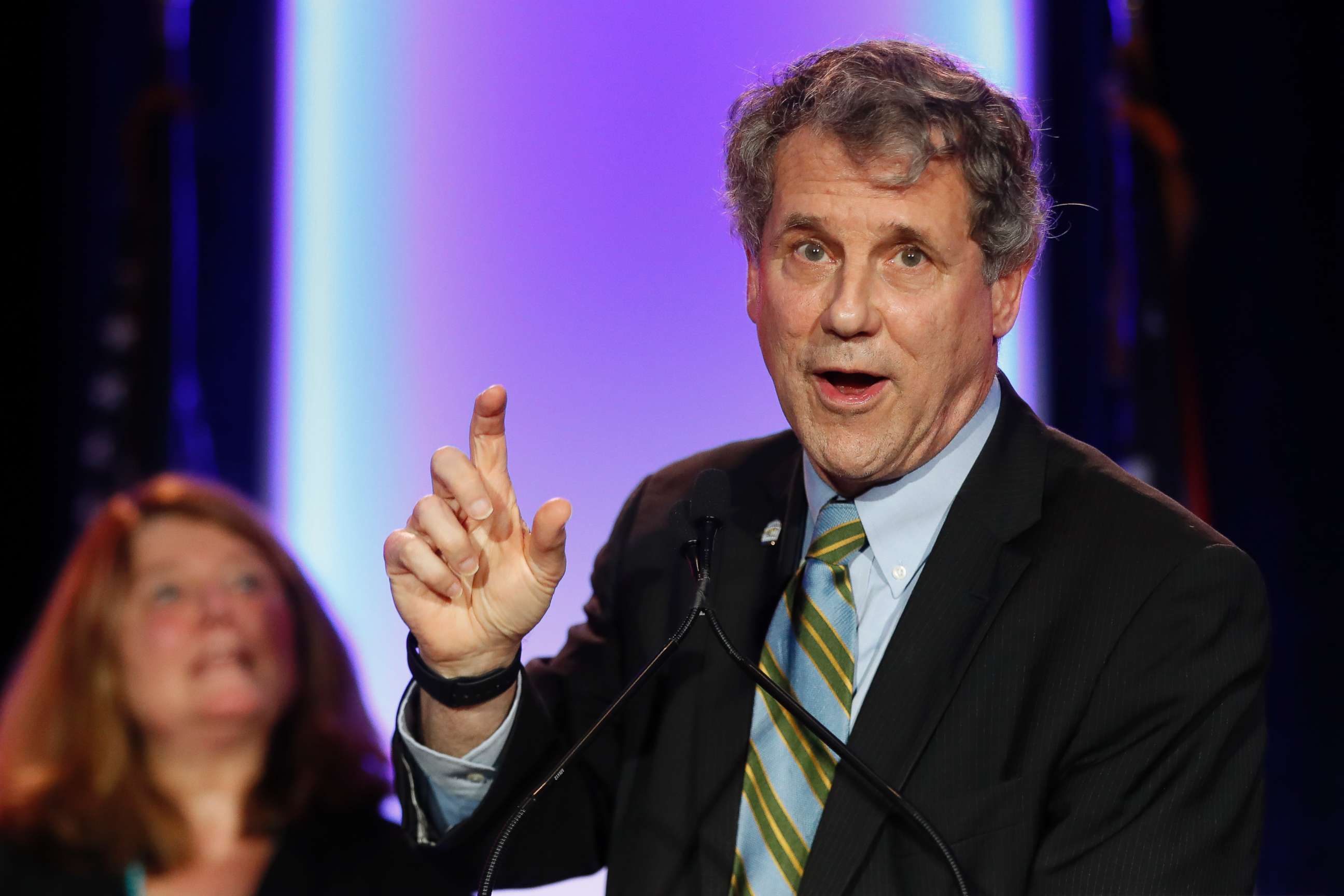 PHOTO: Sen. Sherrod Brown, D-Ohio, right, speaks alongside his wife Connie Schultz, left, during the Ohio Democratic Party election night watch party, Nov. 6, 2018, in Columbus, Ohio. 