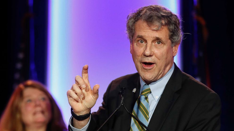 Sen. Sherrod Brown, D-Ohio, right, speaks alongside his wife Connie Schultz, left, during the Ohio Democratic Party election night watch party, Nov. 6, 2018, in Columbus, Ohio.