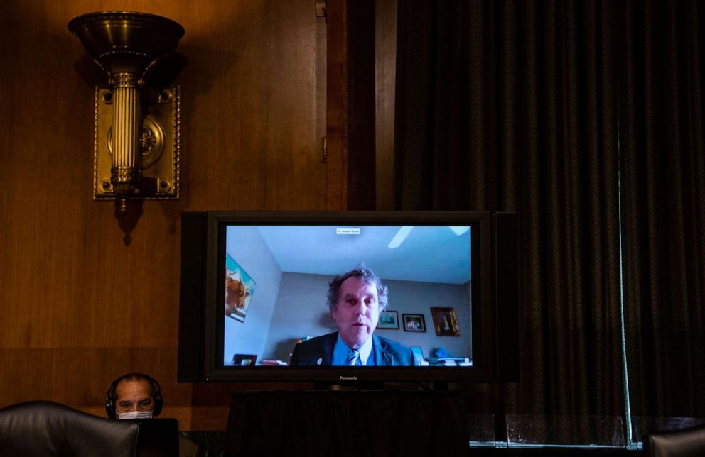 PHOTO: Ranking Member, Senator Sherrod Brown speaks through a telecom during a Senate Banking, Housing, and Urban Affairs Committee nominations hearing on Capitol Hill in Washington, May 5, 2020.