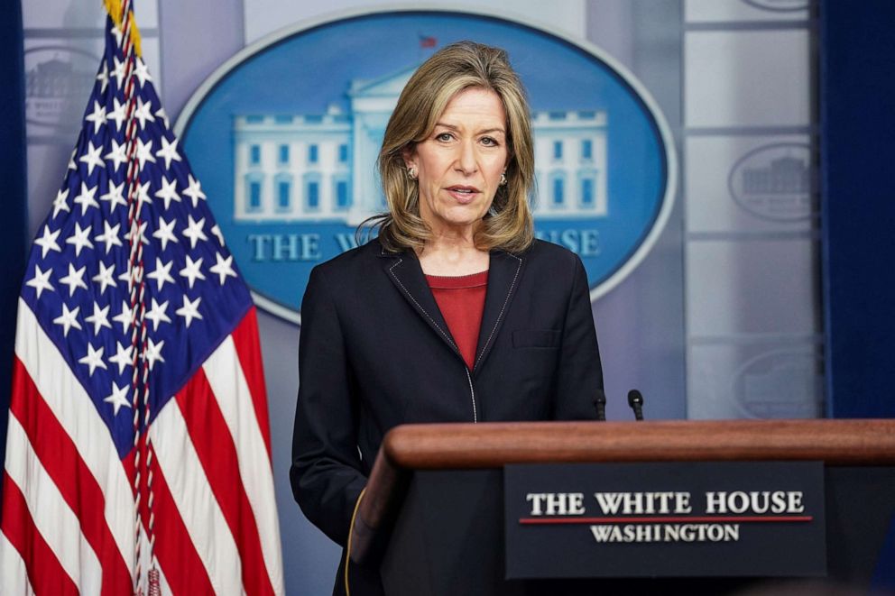 PHOTO: Homeland Security Advisor and Deputy National Security Advisor Dr. Elizabeth Sherwood-Randall speaks about the Colonial Pipeline outage following a cyber attack during the daily press briefing at the White House in Washington, May 10, 2021.