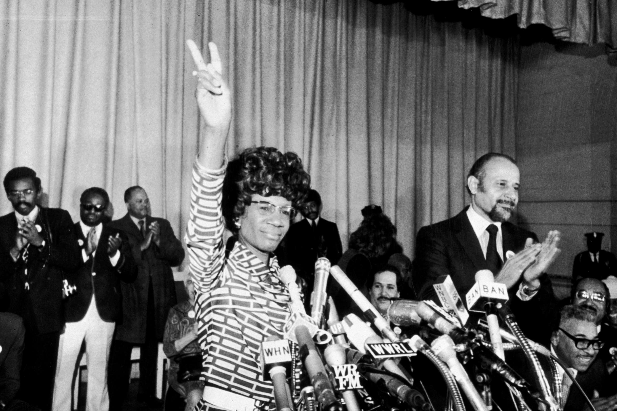 PHOTO: US Representative Shirley Chisholm of Brooklyn announces her entry for Democratic nomination for the presidency, at the Concord Baptist Church in Brooklyn, New York, Jan. 25, 1972.