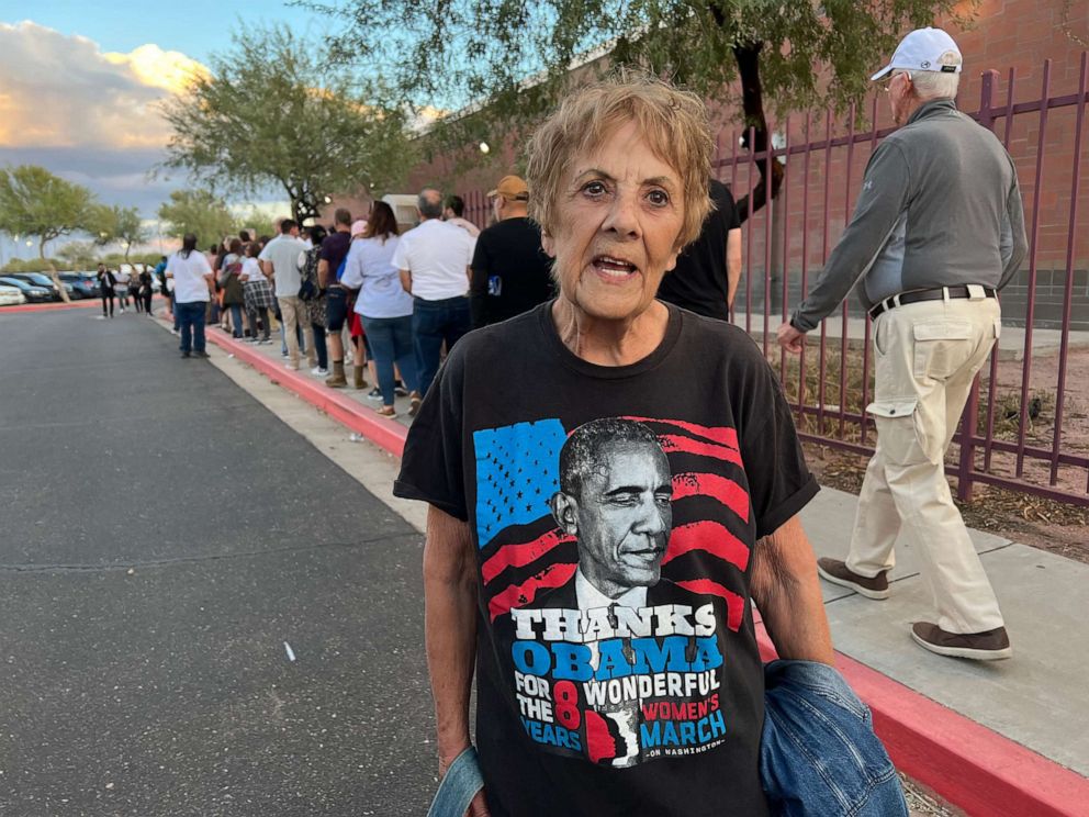 PHOTO: Nancy Shubert of Sun City West spoke to ABC News outside a campaign rally for Democrats at Cesar Chavez High School on Nov. 2, 2022, in Phoenix, Arizona.