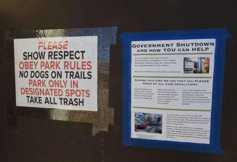 PHOTO: Signs placed by volunteers at the Joshua Tree National Park after the federal government's partial shutdown caused park rangers to stay home and campgrounds to be shut, at the park in California, Jan. 3, 2019.