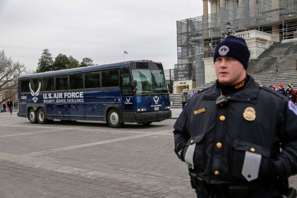 PHOTO: An Air Force bus parked on the plaza of the Capitol for the congressional delegation that had planned a trip to Afghanistan, Jan. 17, 2019, in Washington.