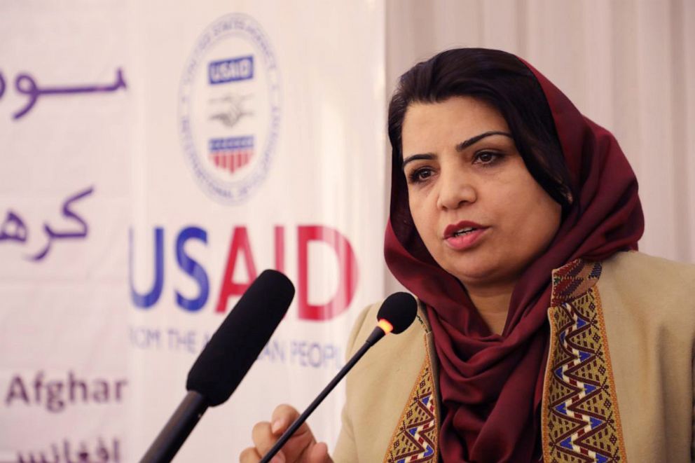 PHOTO: Kamila Sidiqi, an Afghan dressmaker and vocal women's rights activist, speaks at a conference in Kabul promoting female entrepreneurship.