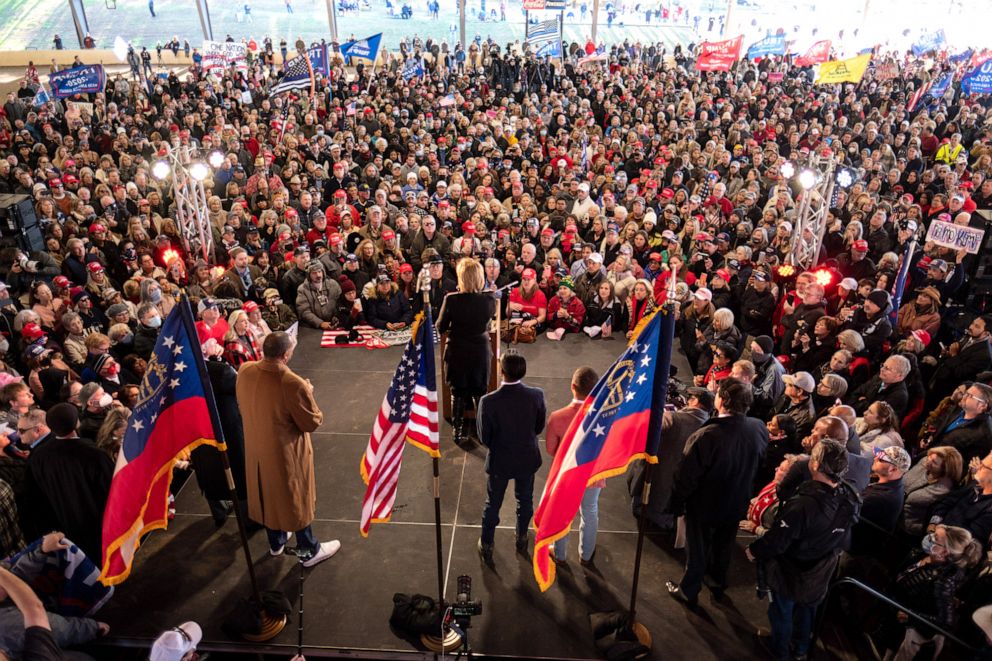 PHOTO: Sidney Powell addresses supporters of President Donald Trump during a "Stop the Steal" rally in Alpharetta, Ga., Dec. 2, 2020.