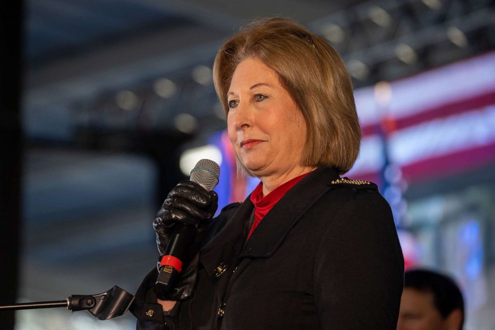 PHOTO: Election lawyer Sidney Powell speaks at a rally in Alpharetta, Ga., on Dec. 2, 2020.