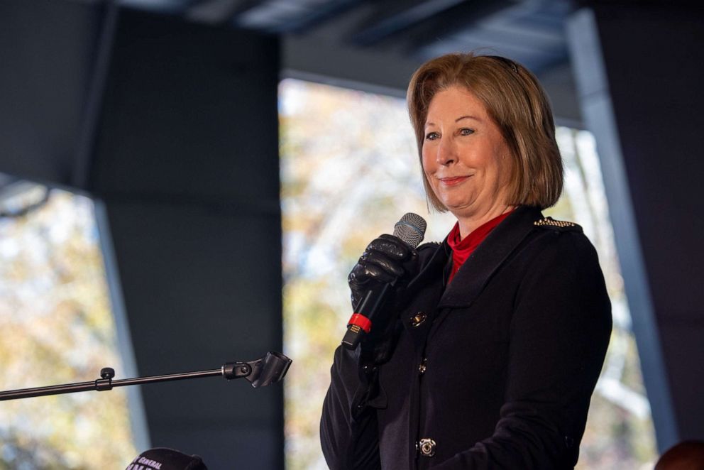 PHOTO: Election lawyer Sidney Powell speaks at a rally in Alpharetta, Ga., on Dec. 2, 2020.