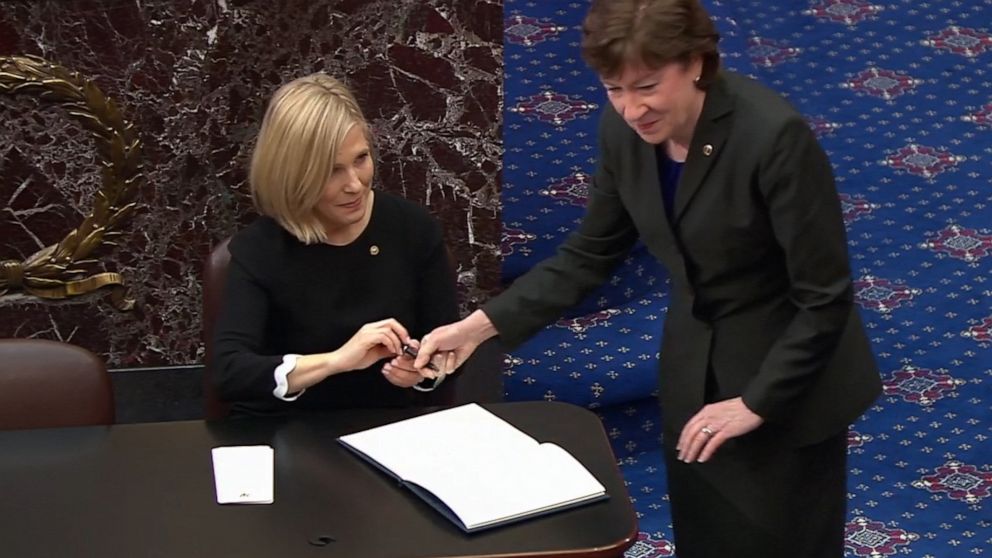 PHOTO: Sen. Susan Collins signs in for impeachment trial, Jan. 16, 2020.