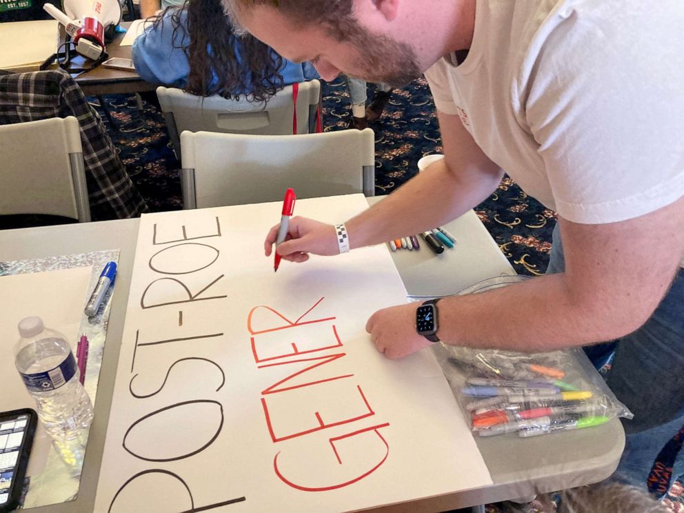 PHOTO: Members of Students for Life prepare signs for an April rally in Virginia, the largest anti-abortion march in the country this spring ahead of the Supreme Court ruling on the future of Roe v. Wade.