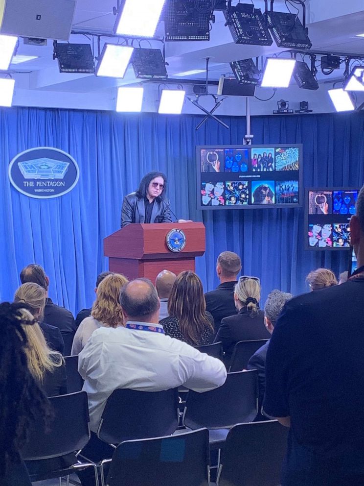 PHOTO: Gene Simmons of the band KISS in the Briefing Room of the Pentagon in Arlington, Va., May 16, 2019.