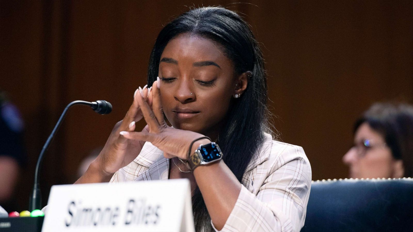 PHOTO: United States Olympic gymnast Simone Biles testifies during a Senate Judiciary hearing about the Inspector General's report on the FBI's handling of the Larry Nassar investigation on Capitol Hill, Wednesday, Sept. 15, 2021, in Washington.