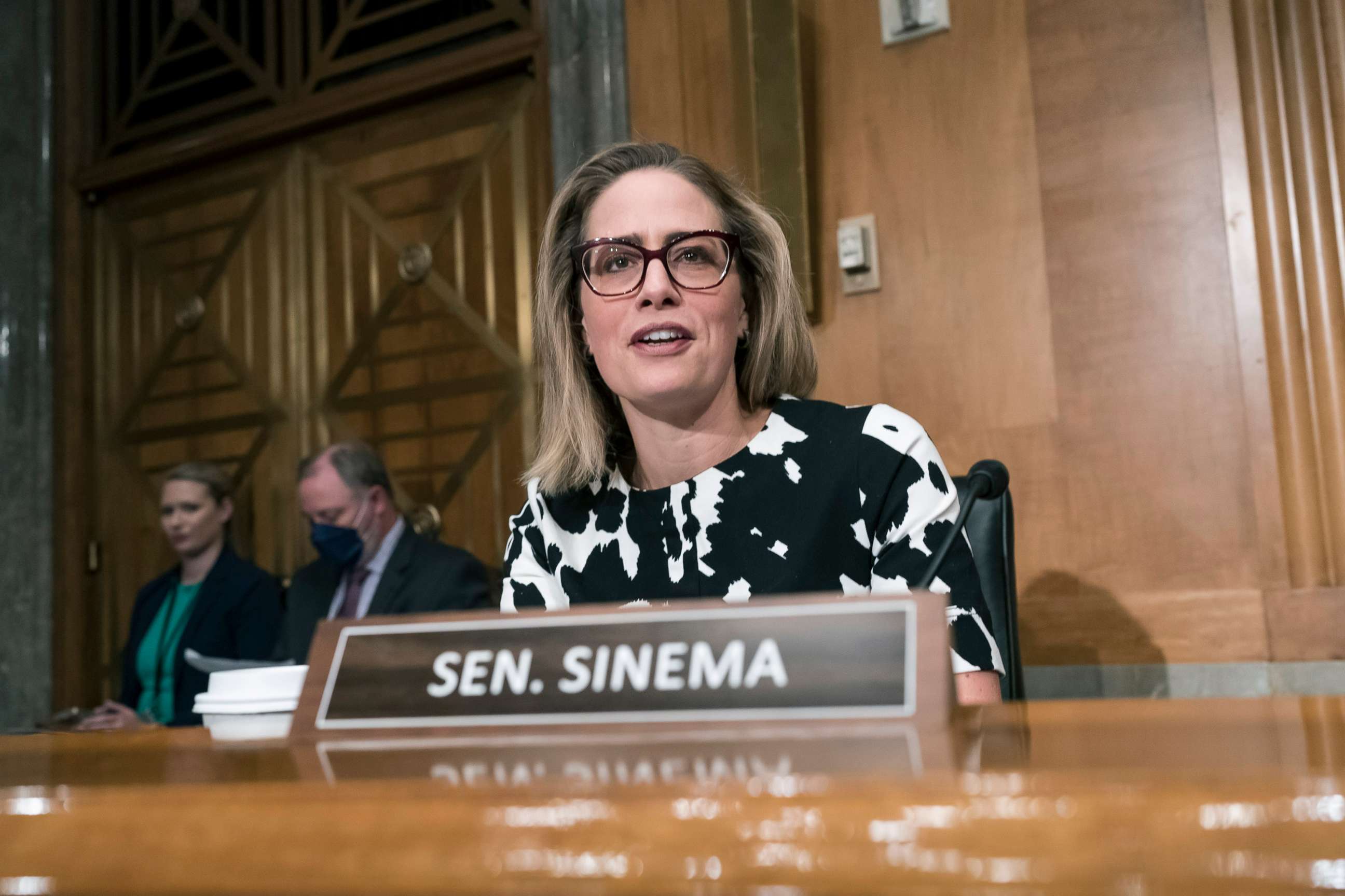 PHOTO: Sen. Kyrsten Sinema arrives for a meeting of the Senate Homeland Security Committee at the Capitol, Aug. 3, 2022. 