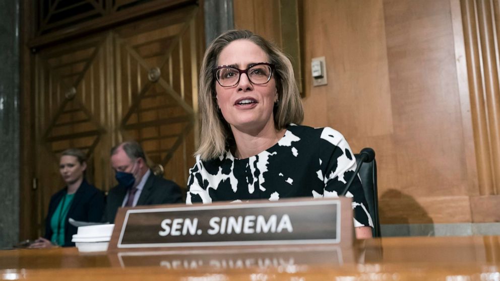 PHOTO: Sen. Kyrsten Sinema arrives for a meeting of the Senate Homeland Security Committee at the Capitol, Aug. 3, 2022. 