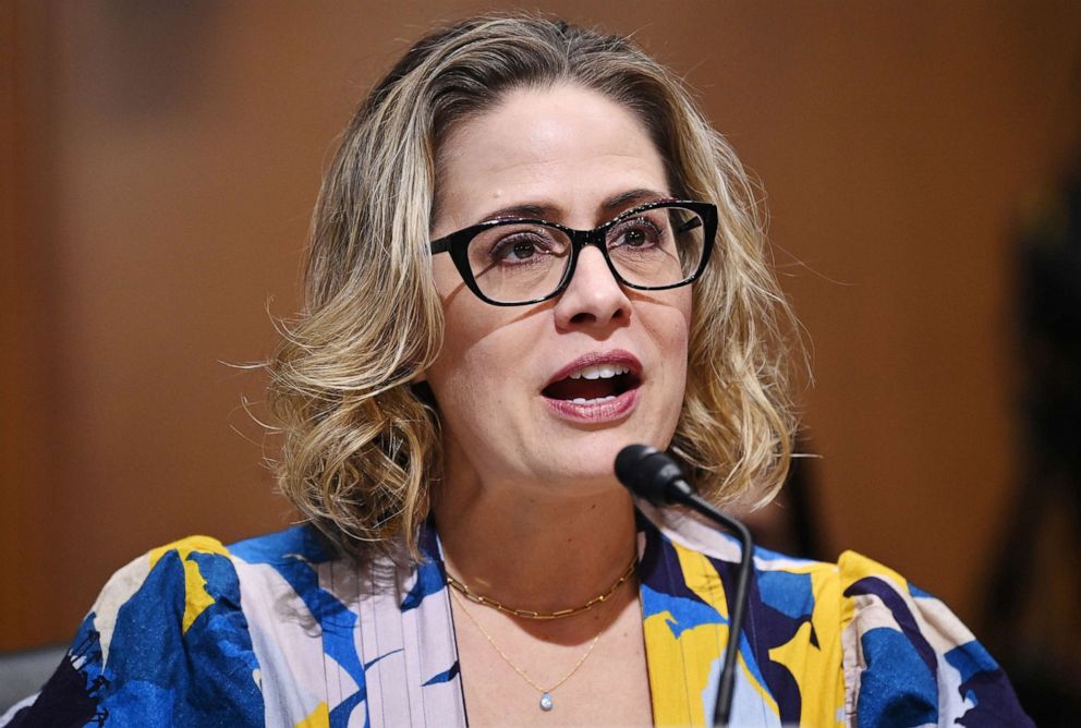 PHOTO: Sen. Kyrsten Sinema, D-AZ, speaks during the Senate Finance Committee hearing in the Dirksen Senate Office Building on Capitol Hill, Oct. 19, 2021, in Washington.