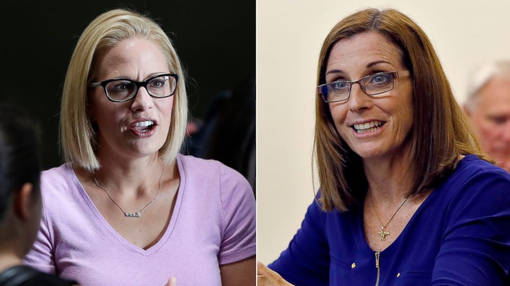 PHOTO: Pictured (L-R) are Rep. Kyrsten Sinema on Aug. 21, 2018 and Rep. Martha McSally on Oct. 3, 2018, in Phoenix.