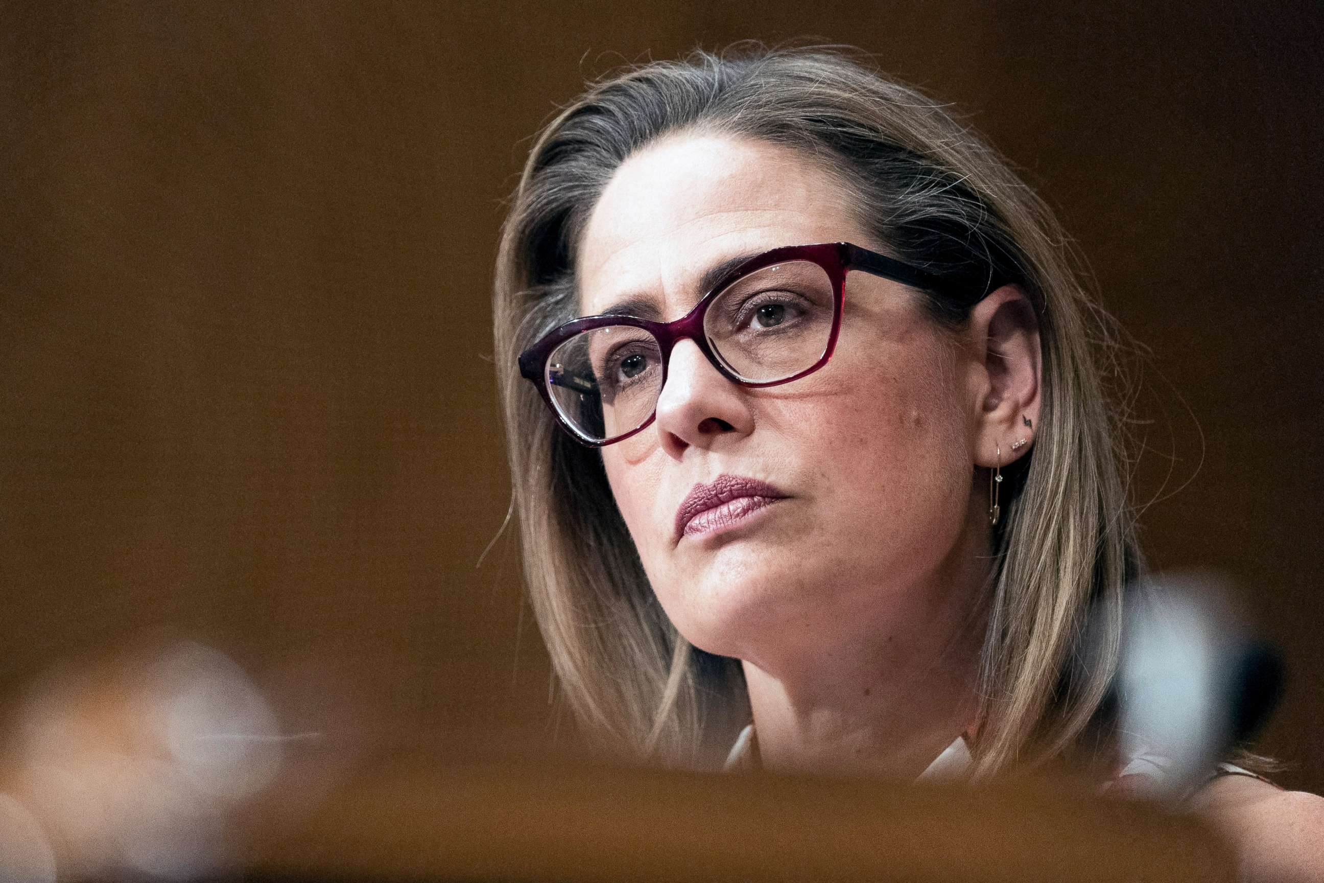 PHOTO: Sen. Kyrsten Sinema, D-Ariz., speaks during a Senate Homeland Security and Governmental Affairs committee hearing to examine social media's impact on homeland security, Sept. 14, 2022, on Capitol Hill in Washington. 