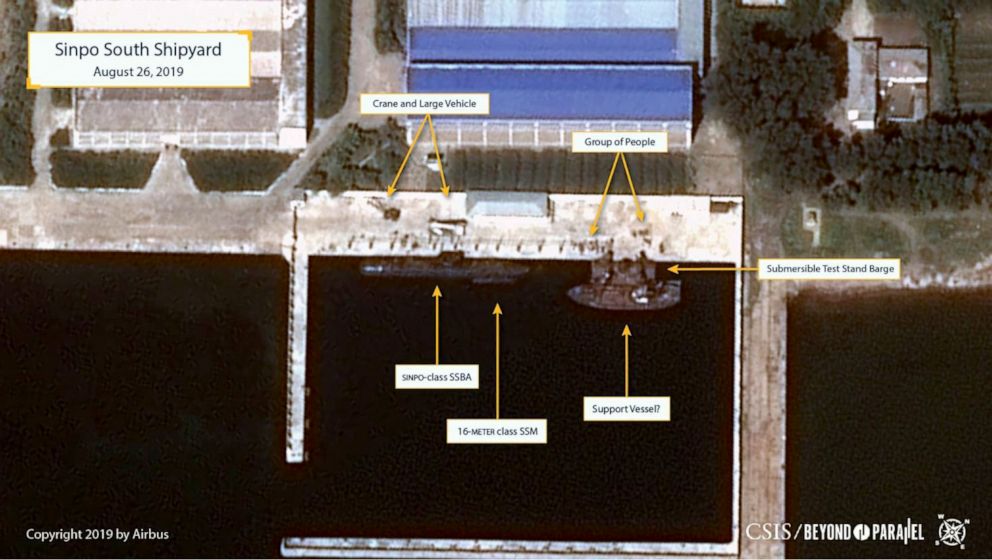 PHOTO: New Beyond Parallel satellite images of the Sinpo South Shipyard in North Korea, taken on August 26, 2019, suggest North Korea's construction of a new ballistic missile submarine and evidence indicating possible preparations for a missile test.