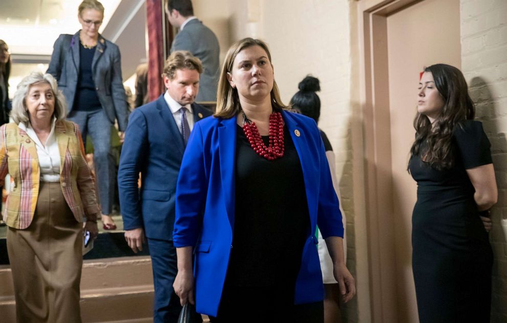 PHOTO: Rep. Elissa Slotkin, D-Mich., leaves a House Democratic Caucus meeting with Speaker of the House Nancy Pelosi, D-Calif. at the Capitol, Sept. 24, 2019.