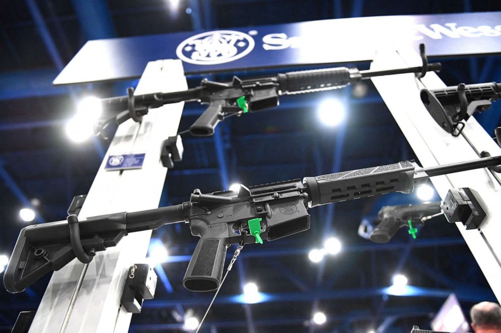 PHOTO: Smith & Wesson M&P-15 semi-automatic rifles of the AR-15 style are displayed during the National Rifle Association (NRA) annual meeting, in Houston, on May 28, 2022. 