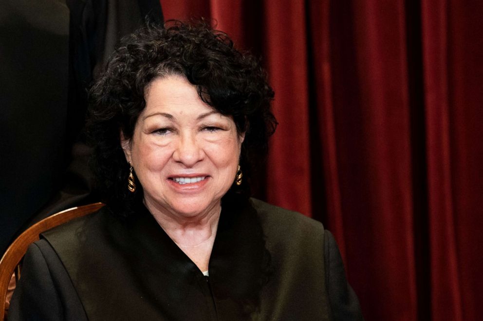 PHOTO: Associate Justice Sonia Sotomayor sits during a group photo of the Justices at the Supreme Court in Washington, DC on April 23, 2021.
