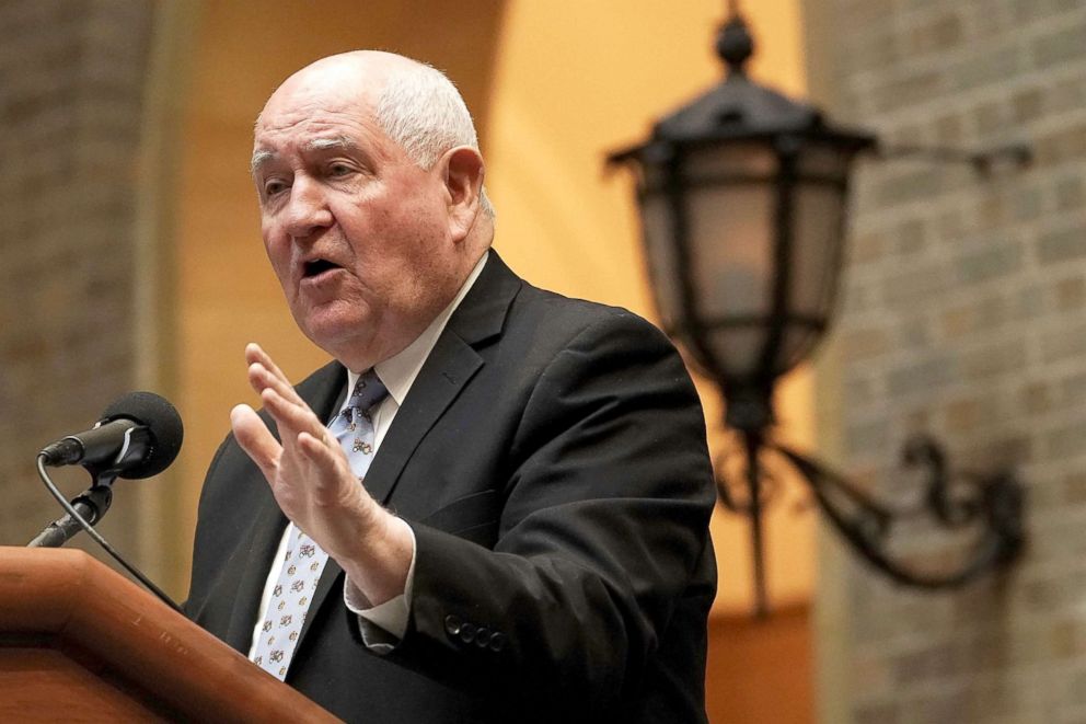 PHOTO: Secretary of Agriculture Sonny Perdue speaks during a forum, April 18, 2018, in Washington, DC.