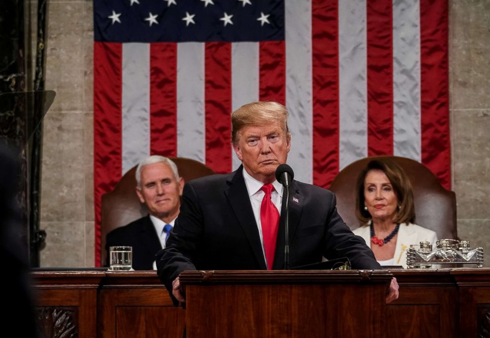 PHOTO: President Donald Trump delivers the State of the Union address, with Vice President Mike Pence and Speaker of the House Nancy Pelosi, at the Capitol in Washington, Feb. 5, 2019.