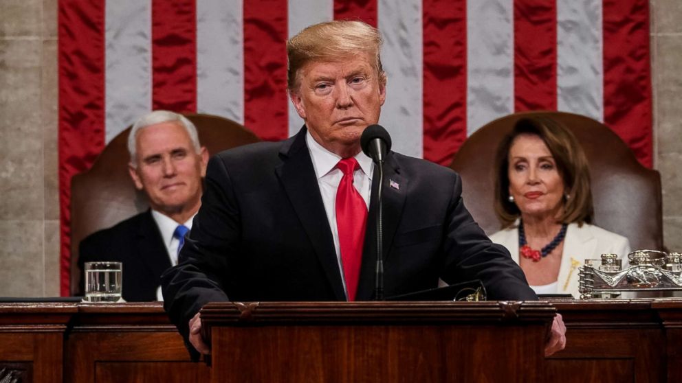 PHOTO: President Donald Trump delivers the State of the Union address, with Vice President Mike Pence and Speaker of the House Nancy Pelosi, at the Capitol in Washington, Feb. 5, 2019.
