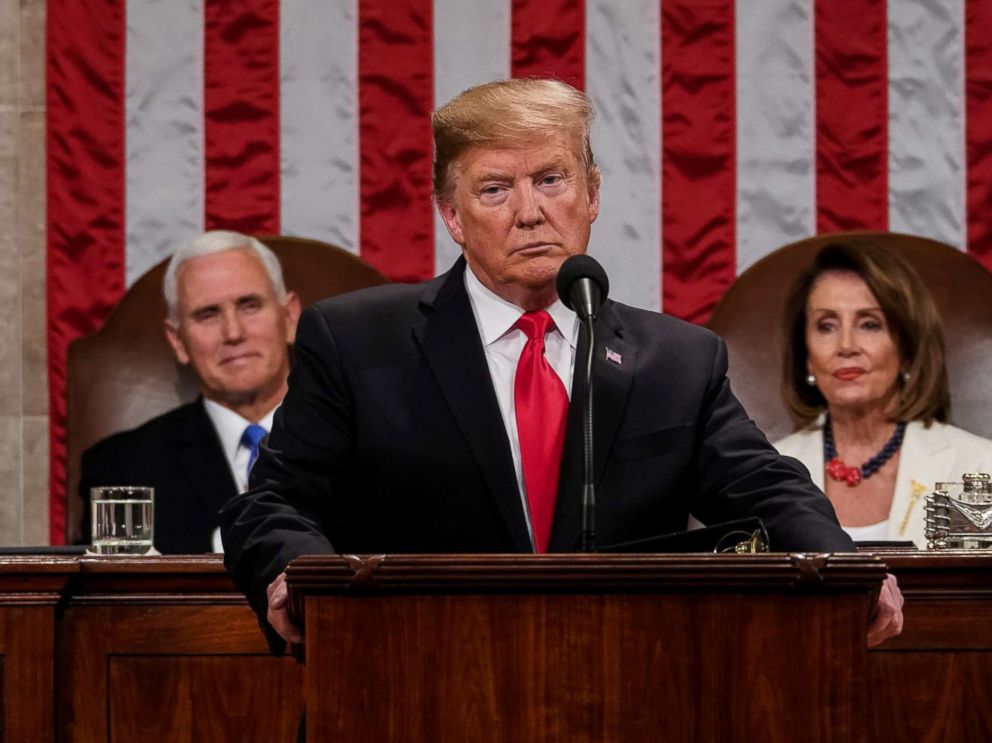 PHOTO: President Donald Trump delivers the State of the Union address, with Vice President Mike Pence and Speaker of the House Nancy Pelosi, at the Capitol in Washington, Feb. 5, 2019.