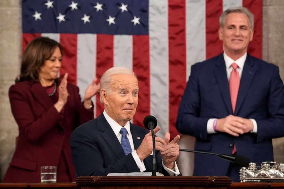 PHOTO: President Joe Biden gestures as he delivers the State of the Union address Feb. 7, 2023, in Washington, as Vice President Kamala Harris and House Speaker Kevin McCarthy of Calif., watch.