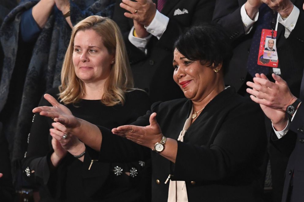PHOTO: Alice Johnson, one of the President's special guests, reacts as the president acknowledges her during his State of the Union address at the U.S. Capitol in Washington, Feb. 5, 2019.