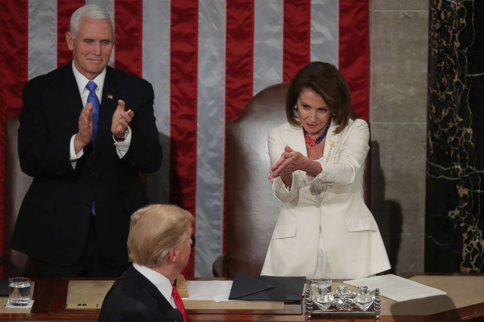 PHOTO: Speaker Nancy Pelosi and Vice President Mike Pence applaud President Donald Trump at the State of the Union address at the U.S. Capitol on Feb. 5, 2019.