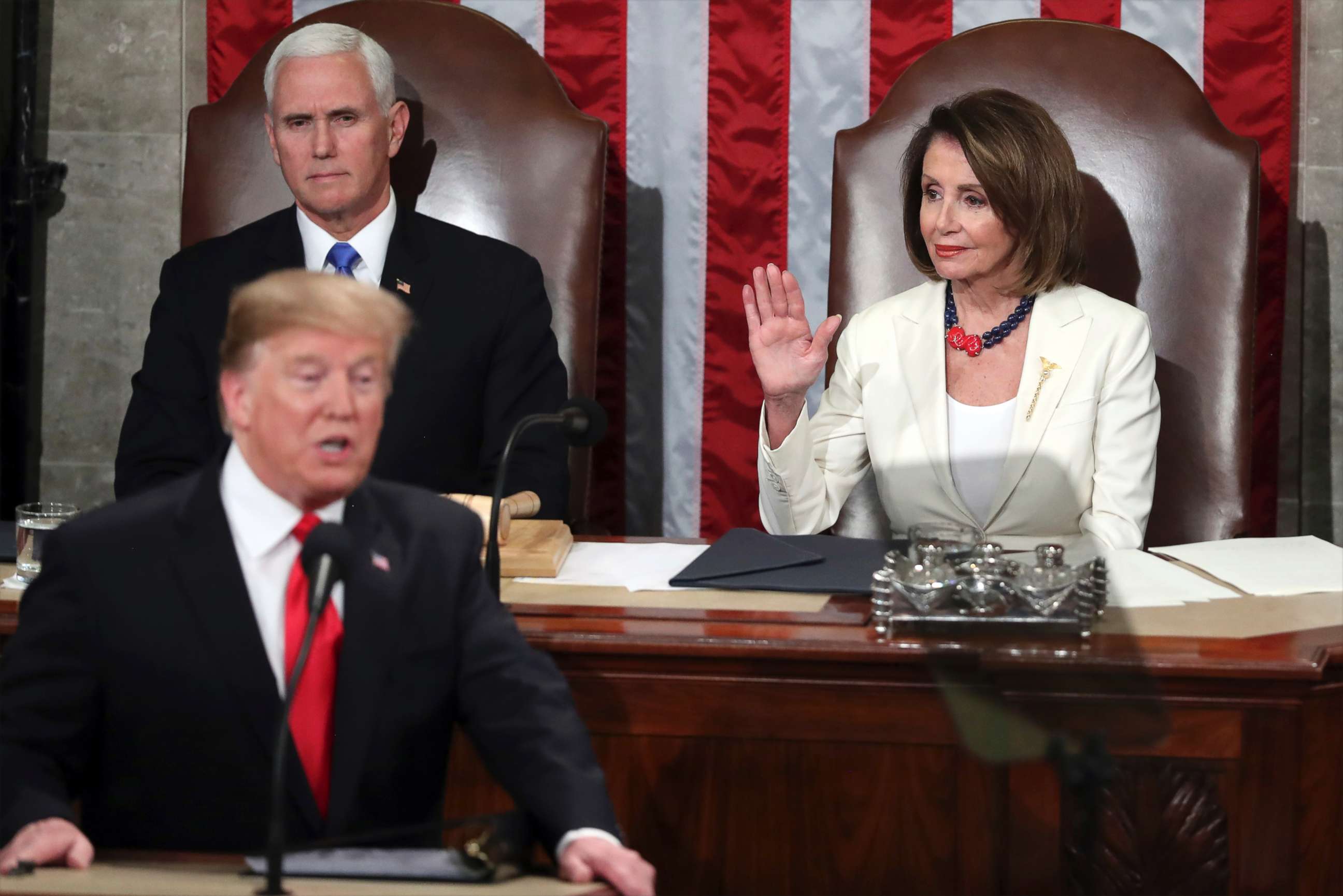 PHOTO: Speaker of the House Nancy Pelosi raises her hand in a gesture to quiet the Democrats as President Donald Trump delivers his State of the Union address to a joint session of Congress on Capitol Hill in Washington, Feb. 5, 2019.