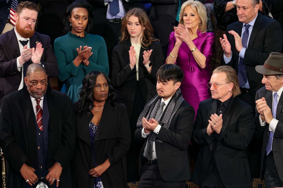 PHOTO: Rodney Wells and RowVaughn Wells, parents of Tyre Nichols, are applauded during U.S. President Joe Biden's State of the Union address, Feb. 7, 2023 in Washington.