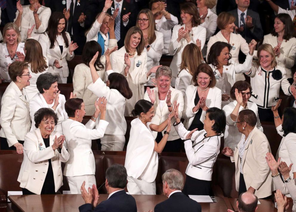 PHOTO: Female lawmakers cheer during President Donald Trump's State of the Union address in the chamber of the U.S. House of Representatives on Feb. 5, 2019, in Washington.