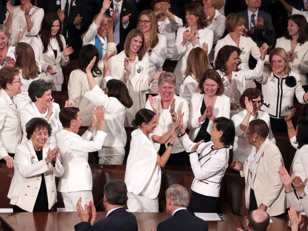 PHOTO: Female lawmakers cheer during President Donald Trump's State of the Union address in the chamber of the U.S. House of Representatives on Feb. 5, 2019, in Washington.