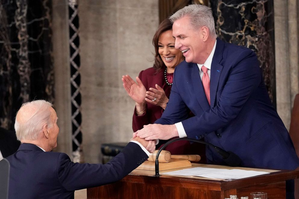 PHOTO: President Joe Biden shakes hands with House Speaker Kevin McCarthy as Vice President Kamala Harris watches as Biden arrives to deliver the State of the Union address, Feb. 7, 2023, in Washington.
