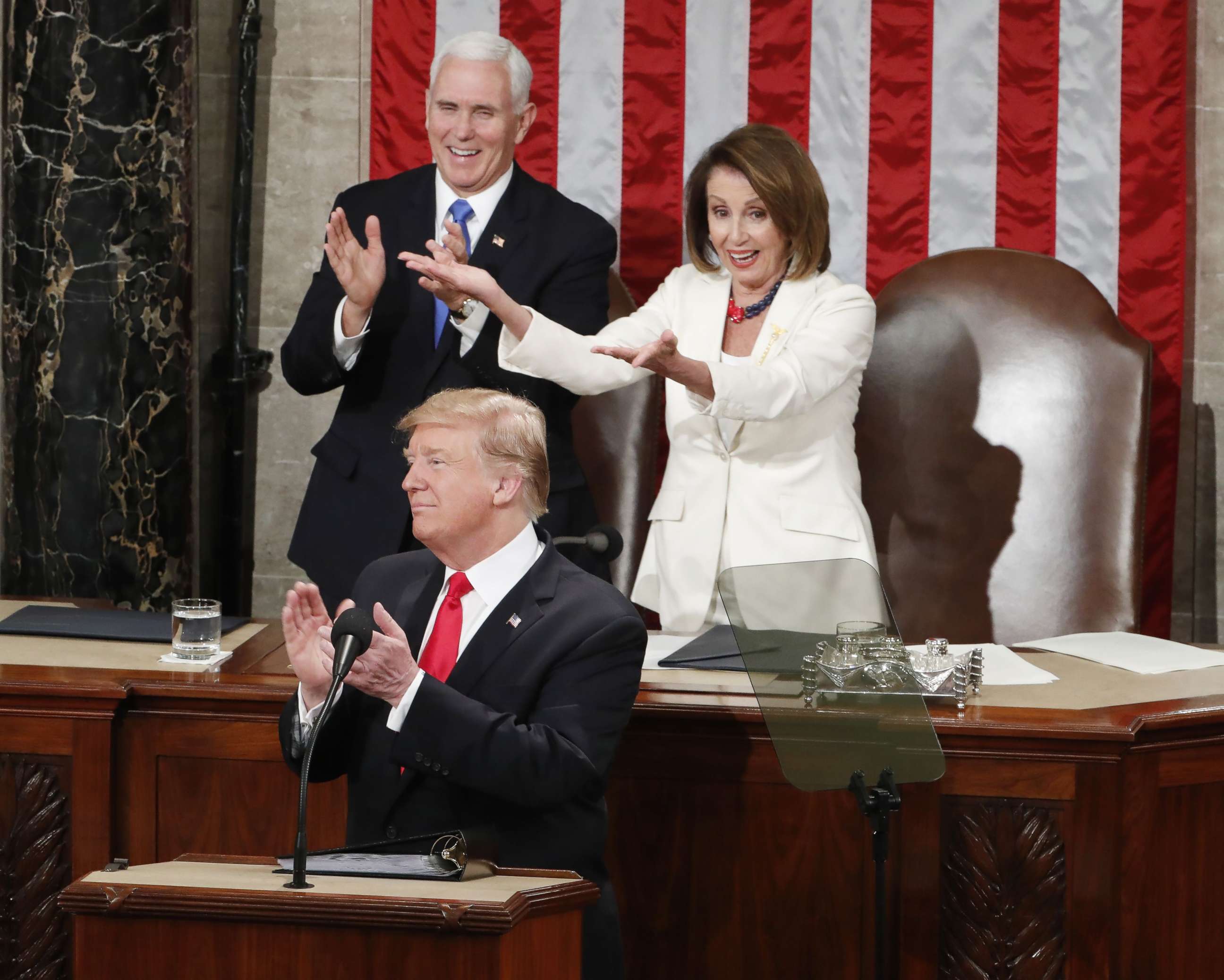 PHOTO: Vice president Mike Pence and Speaker of the House Nancy Pelosi react as President Donald J. Trump delivers his second State of the Union address from the floor of the House of Representatives on Capitol Hill in Washington, Feb. 5, 2019.